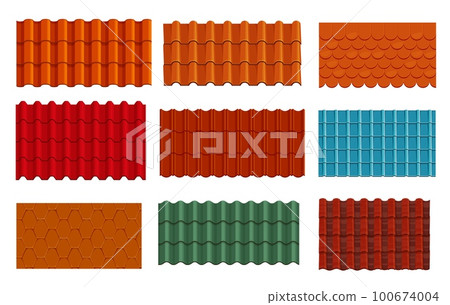 Roof tiles texture backgrounds and seamless patterns, vector house rooftops. Orange, red, green and blue roof top tiles of clay shingle, home rooftop covers and ceramic terracotta tilings Roof tiles texture backgrounds and seamless patterns, vector house rooftops. Orange, red, green and blue roof top tiles of clay shingle, home rooftop covers and ceramic terracotta tilings 100674004