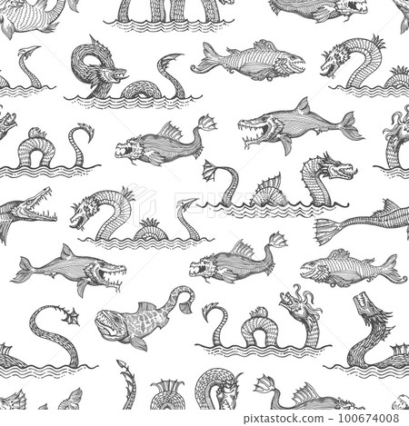 Ancient sea serpent, dragon and leviathan animals seamless pattern, vector background. Sea fish monsters and fantastic ocean creatures in vintage line hatching pattern, marine krakens with tentacles 100674008