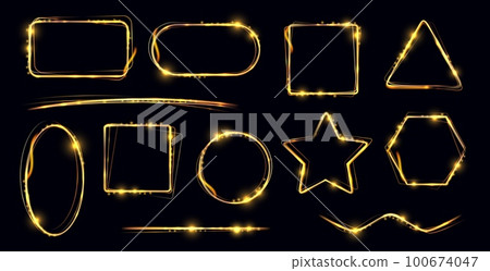 Golden sparkle shapes, magic glitter glow. Vector set of glowing gold frames, borders and dividers. Star, rectangle and oval, square or triangle shining figures with glitter. Luxury sparkling elements Golden sparkle shapes, magic glitter glow. Vector set of glowing gold frames, borders and dividers. Star, rectangle and oval, square or triangle shining figures with glitter. Luxury sparkling elements 100674047