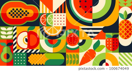 Bauhaus pattern with tropical fruits. Vector background with papaya, watermelon, apple and avocado. Pineapple, citrus, orange with lime or lemon and strawberry. Vegetables carrot or tomato and corn 100674049