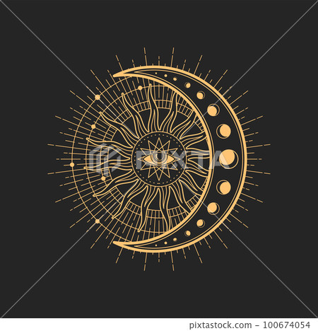 Magic tarot occult esoteric sign with egyptian all-seeing eye in star with crescent moon and radiant sun rays inside of circle. Vector spiritual magic emblem, isolated alchemy, wicca or pagan symbol 100674054
