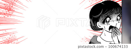 Wide-size illustration of a Japanese 70's-style girl's cartoon of a beautiful black-haired girl who witnessed the scene of a crime and fell into a panic with a pale face. Wide-size illustration of a Japanese 70's-style girl's cartoon of a beautiful black-haired girl who witnessed the scene of a crime and fell into a panic with a pale face. 100674133