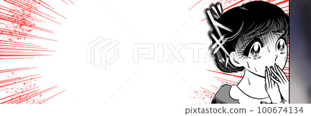 日本70年代風少女漫畫寬幅插畫描繪的是目睹案發現場，臉色慘白陷入恐慌的黑髮美少女。 100674134