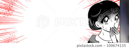 日本70年代風少女漫畫寬幅插畫描繪的是目睹案發現場，臉色慘白陷入恐慌的黑髮美少女。 100674135