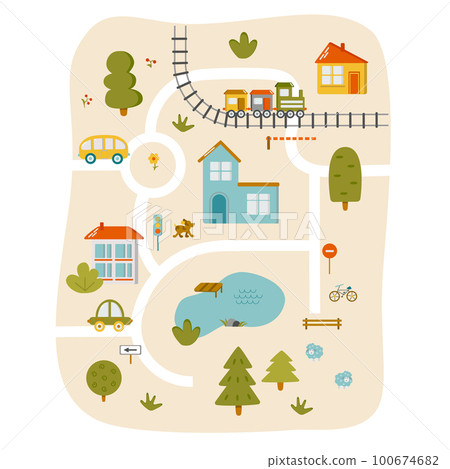 Cute town map for kids room. Landscape with lot details. Vector illustration Cute town map for kids room. Landscape with lot details. Vector illustration 100674682