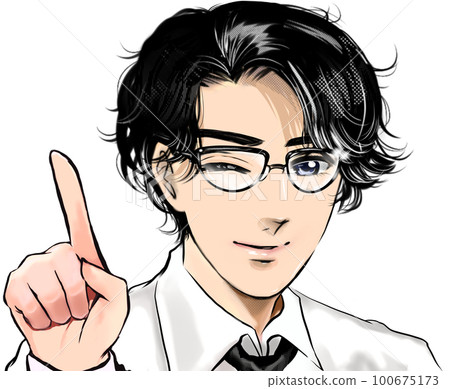 Color cartoon illustration of a handsome black-haired perm glasses teacher pointing and posing 100675173