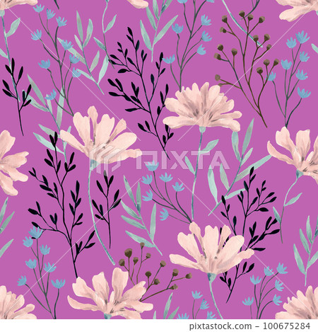 Decorative watercolor seamless pattern with pastel pink flowers. Hand-drawn print for fabric, wrapping paper, design. Decorative watercolor seamless pattern with pastel pink flowers. Hand-drawn print for fabric, wrapping paper, design. 100675284