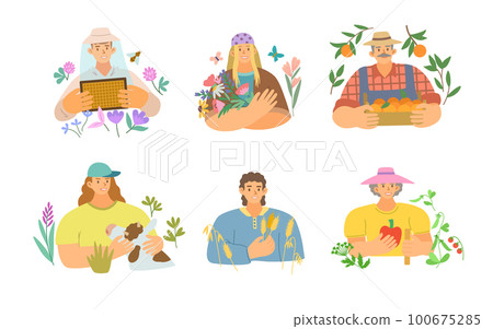 Characters of people in farming including beekeeper, gardener, agrarian isolated on white background. Colorful cartoon illustration Characters of people in farming including beekeeper, gardener, agrarian isolated on white background. Colorful cartoon illustration 100675285