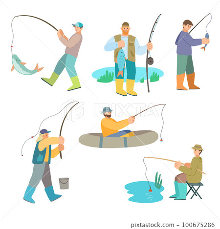 Cartoon fisherman. Man in boat holding rod. Fisher catching fish, set of vector characters 100675286