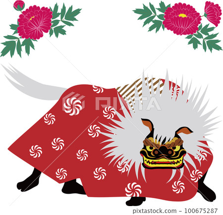 舞獅和牡丹花的圖像插圖。日本傳統民間表演藝術。 100675287