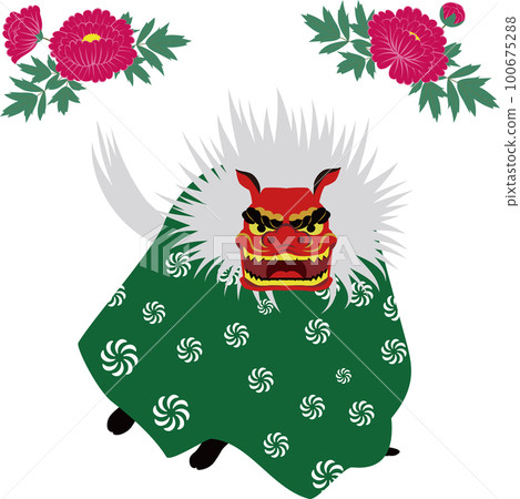 An image illustration of a lion dance and peony flowers. Japanese traditional folk performing arts. An image illustration of a lion dance and peony flowers. Japanese traditional folk performing arts. 100675288