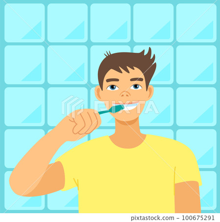 Young adult man in yellow t-shirt brushing his teeth in bathroom. Teenager doing daily hygiene routine. Happy smiling boy. Cartoon vector illustration. Young adult man in yellow t-shirt brushing his teeth in bathroom. Teenager doing daily hygiene routine. Happy smiling boy. Cartoon vector illustration. 100675291