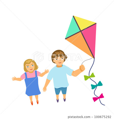 Kids flying a kite. Happy boy and girl playing together. Children with kite toy isolated on white background. Vector clip art Kids flying a kite. Happy boy and girl playing together. Children with kite toy isolated on white background. Vector clip art 100675292