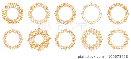 Set of decorative frames Elegant vector element for design in Eastern style, place for text. Floral gold and white borders. Lace illustration for invitations and greeting cards 100675438