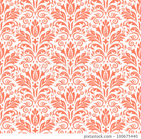 Floral pattern. Vintage wallpaper in the Baroque style. Seamless vector background. White and pink ornament for fabric, wallpaper, packaging. Ornate Damask flower ornament 100675440