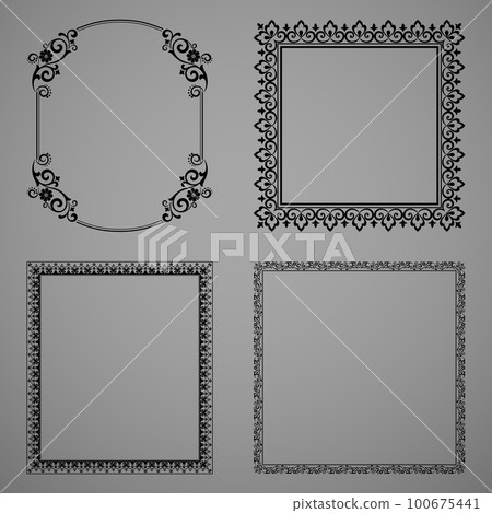 Set of decorative frames Elegant vector element for design in Eastern style, place for text. Floral black and gray borders. Lace illustration for invitations and greeting cards 100675441