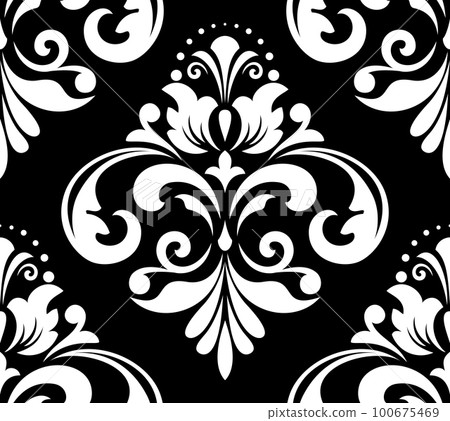 Wallpaper in the style of Baroque. Seamless vector background. White and black floral ornament. Graphic pattern for fabric, wallpaper, packaging. Ornate Damask flower ornament 100675469