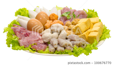 Meatballs sukiyaki with white dish isolated 100676770