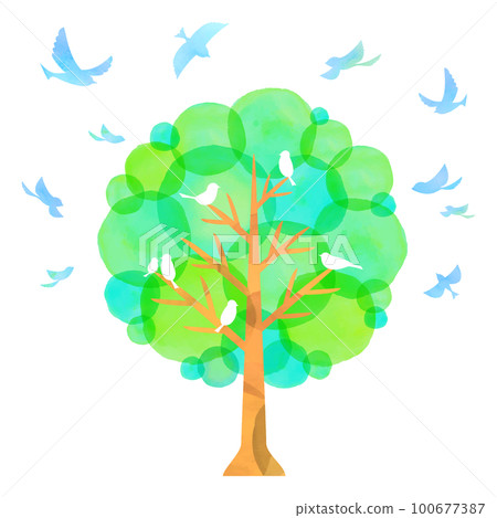 Watercolor touch trees and small birds Blue bird fresh green Watercolor touch trees and small birds Blue bird fresh green 100677387