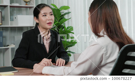 Young and enthusiastic candidate interview with HR manager in office. Young and enthusiastic candidate interview with HR manager in office. 100678227