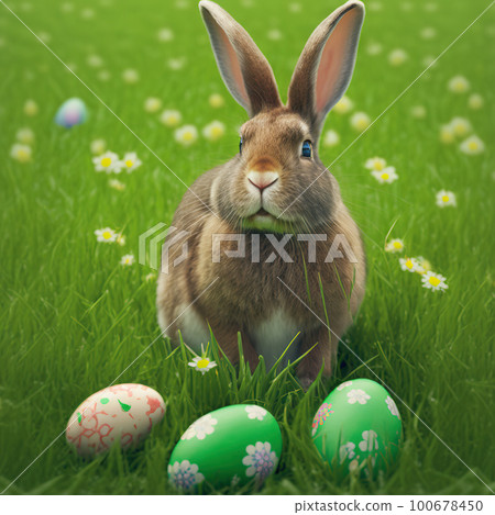 Single sedate furry New Zealand rabbit sitting on green grass with easter eggs. 100678450