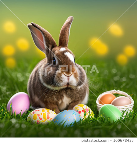 Single sedate furry american rabbit sitting on green grass with easter eggs. Single sedate furry american rabbit sitting on green grass with easter eggs. 100678453