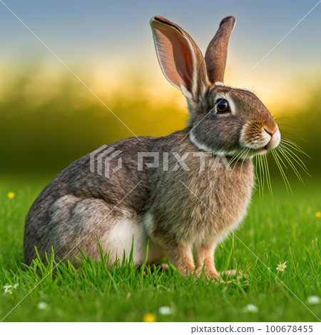 Sedate easter Continental Giant rabbit portrait full body sitting in green field 100678455