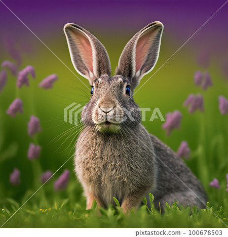 Sedate easter rabbit portrait full body sitting in green field Sedate easter rabbit portrait full body sitting in green field 100678503