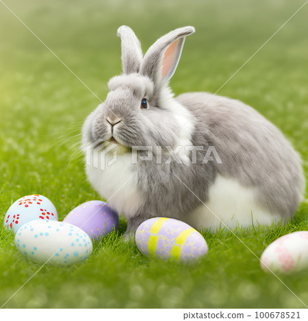 Single sedate furry English Angora rabbit sitting on green grass with easter egg 100678521