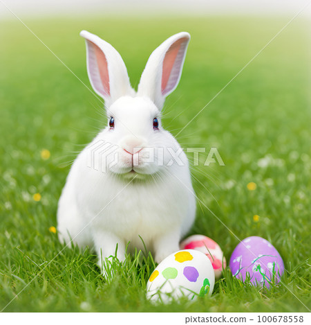 Single sedate furry Florida White rabbit sitting on green grass with easter eggs 100678558