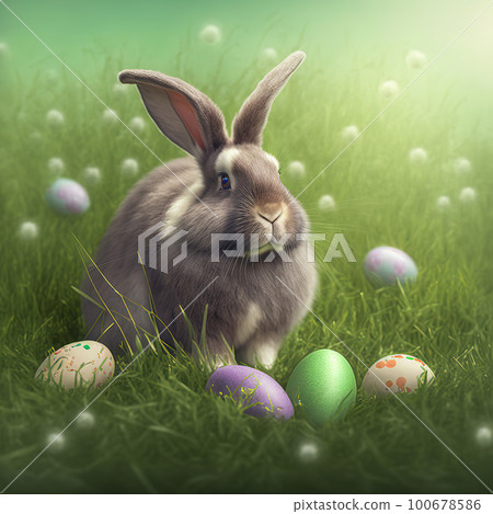 Single sedate furry Satin Angora rabbit sitting on green grass with easter eggs. 100678586