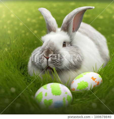 Single sedate furry Giant Angora rabbit sitting on green grass with easter eggs. 100678640