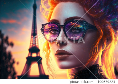 Fashionable girl wearing sunglasses portrait with Eiffel tower 100679223