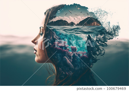 Double exposure woman ocean sea in peaceful mind 100679469