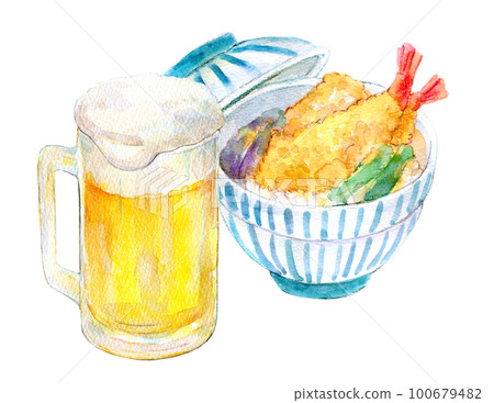 Tendon and draft beer evening drink set watercolor illustration 100679482