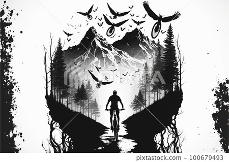 Black and white mountain biker with double exposure mountain landscape 100679493