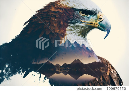 Bird of of prey eagle portrait with double exposure nature background 100679550