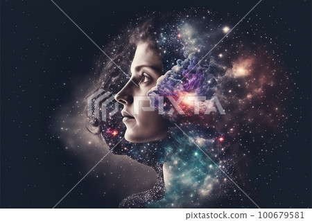 Double exposure woman and space portrait for sense of mind concept 100679581