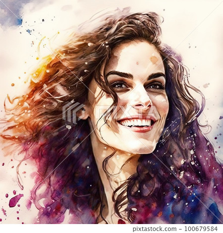 Beautiful happy woman portrait in watercolor painting 100679584