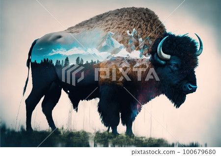 Male bison grazing on grassland with double exposure natural background Male bison grazing on grassland with double exposure natural background 100679680