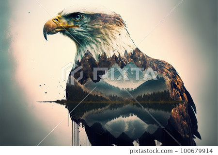 Bird of of prey eagle portrait with double exposure nature background 100679914