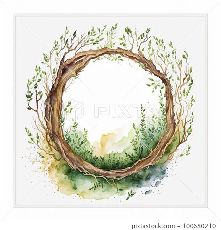 Watercolor painting of intricate tree root arranged in circular pattern 100680210