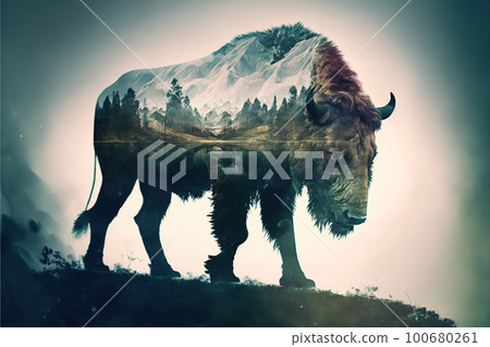 Male bison grazing on grassland with double exposure natural background 100680261