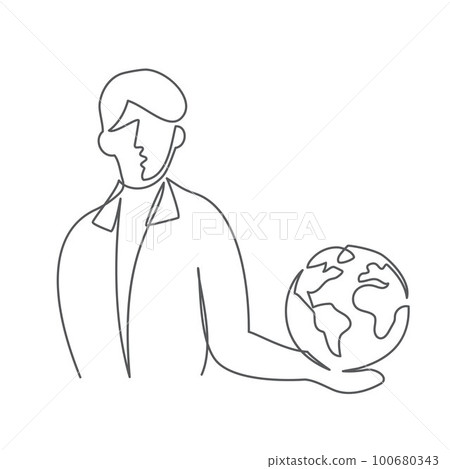 Man with earth globe on hand One line drawing on white 100680343