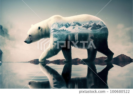 Polar bear suffer from climate change in double exposure 100680522