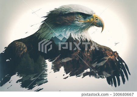 Bird of of prey eagle portrait with double exposure nature background 100680667