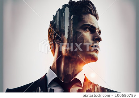 Businessman portrait double exposure with city background 100680789