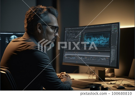 Film editor or sound engineer working on his desk with computer 100680810