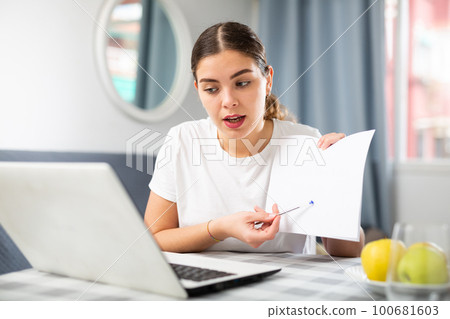 Woman studying during online courses using laptop 100681603