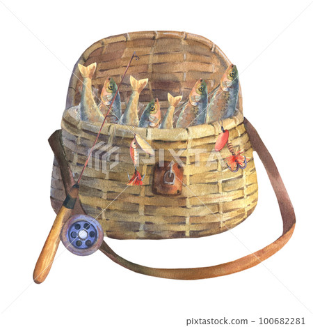 Fishing bag filled with fish, next to the fishing rod. Watercolor illustration isolated on a white background. 100682281